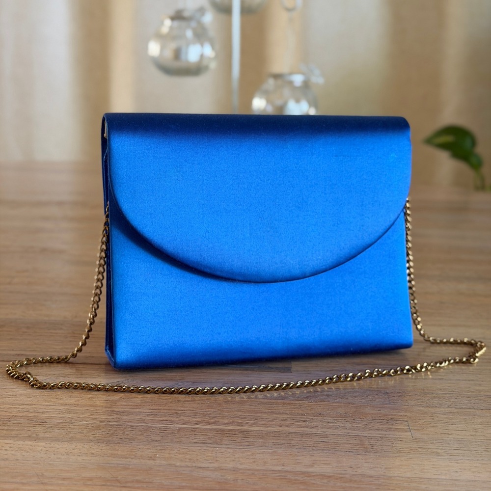 Vtg 90s Royal Blue Satin Evening Clutch Bag Gold Chain Strap Formal Gala Prom